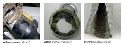 Ablagerungen und Biofilm an Komponenten eines Absaugsystems
