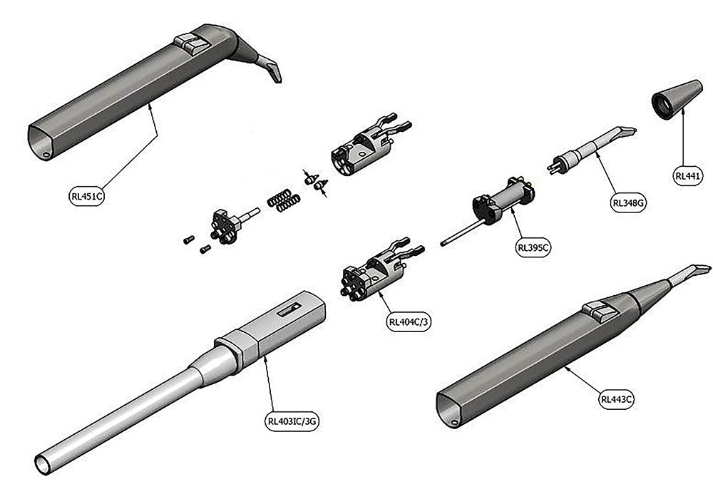 LUZZANI® Griffhülse MINILIGHT® 3F/6F INOX abgewinkelt und gerade Dental Explosionszeichnung